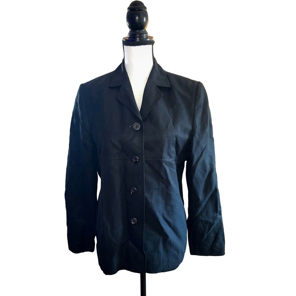 Vintage Valerie Stevens Lined Silk Linen Blend Black Blazer Size 8 Shoulder Pads